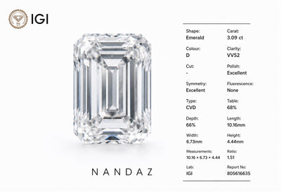 3.09 Ct Emerald Cut Lab Grown Diamond VVS2- D Colour IGI Certified Loose. Best