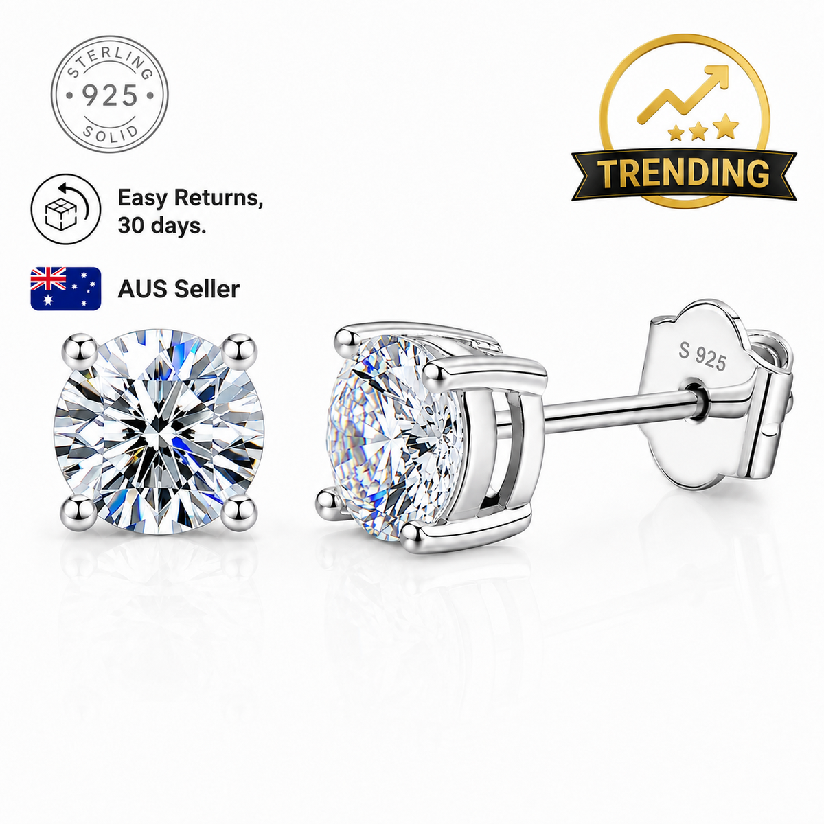 2 Ct Round Cut VVS1/ D Moissanite,  Stud Earrings 18K  White Gold Plated 925