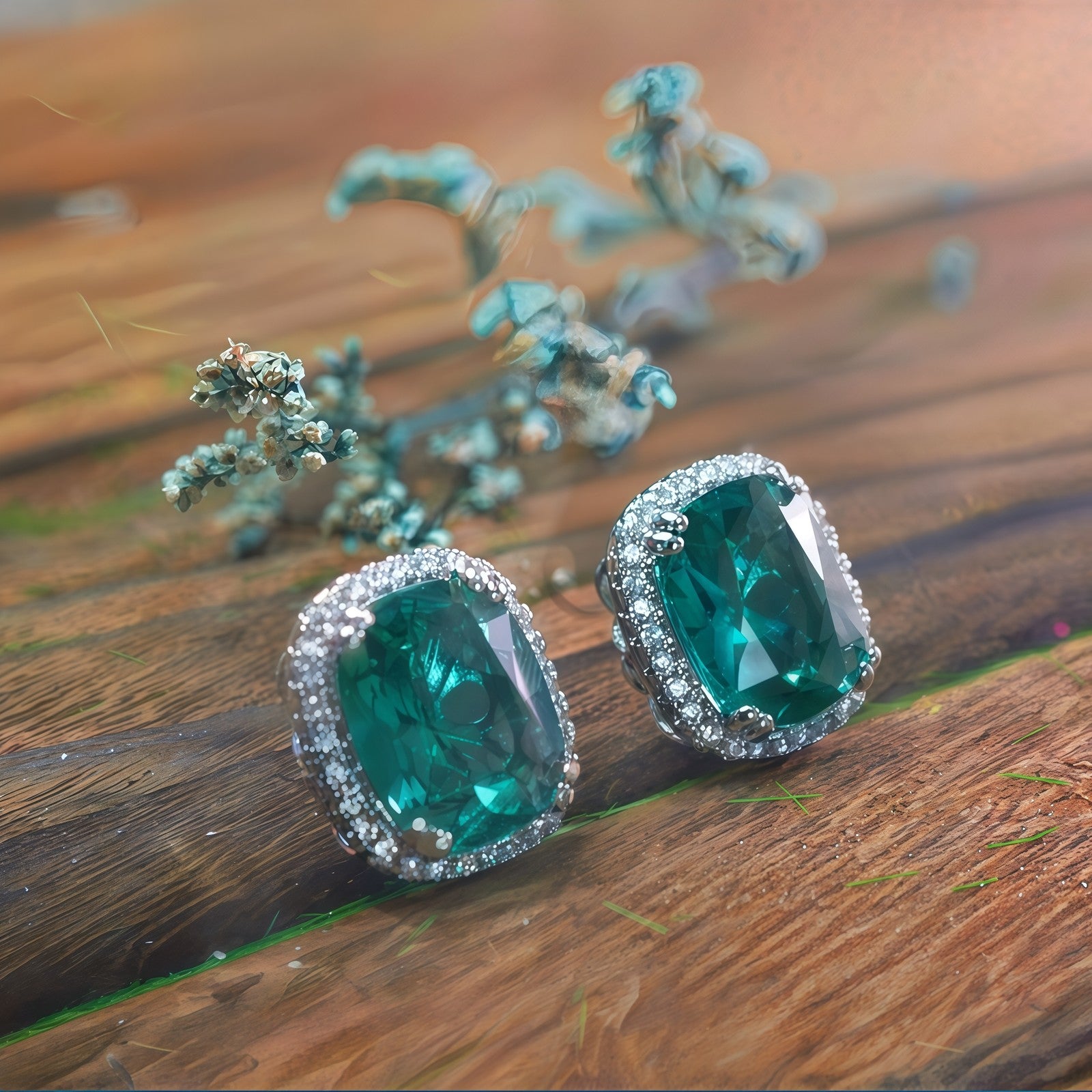 Cushion Shape Emerald Green CZ Single Halo Stud Earrings For Women, Statement Gi