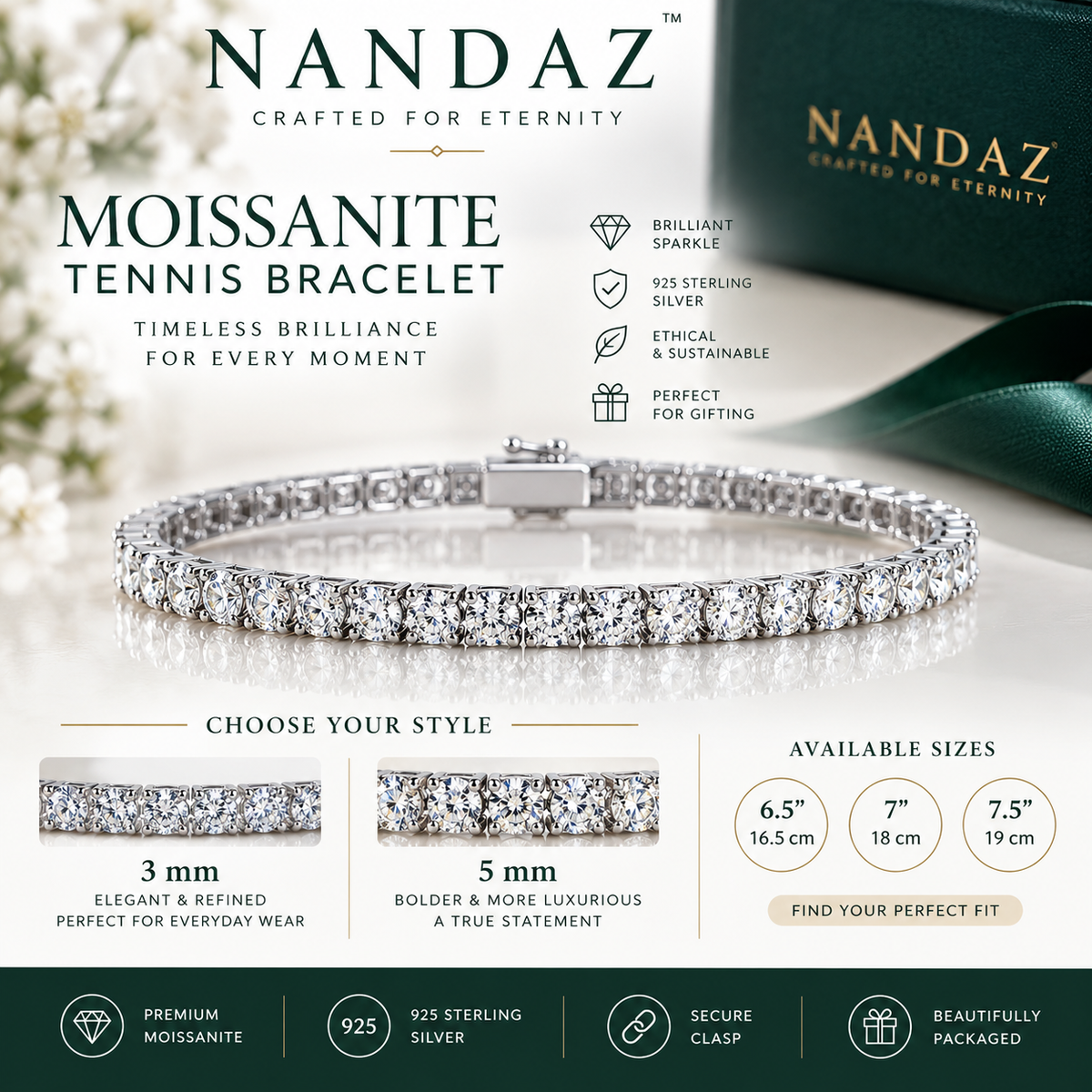 NANDAZ Moissanite Tennis Bracelet – 925 Sterling Silver | 3mm & 5mm