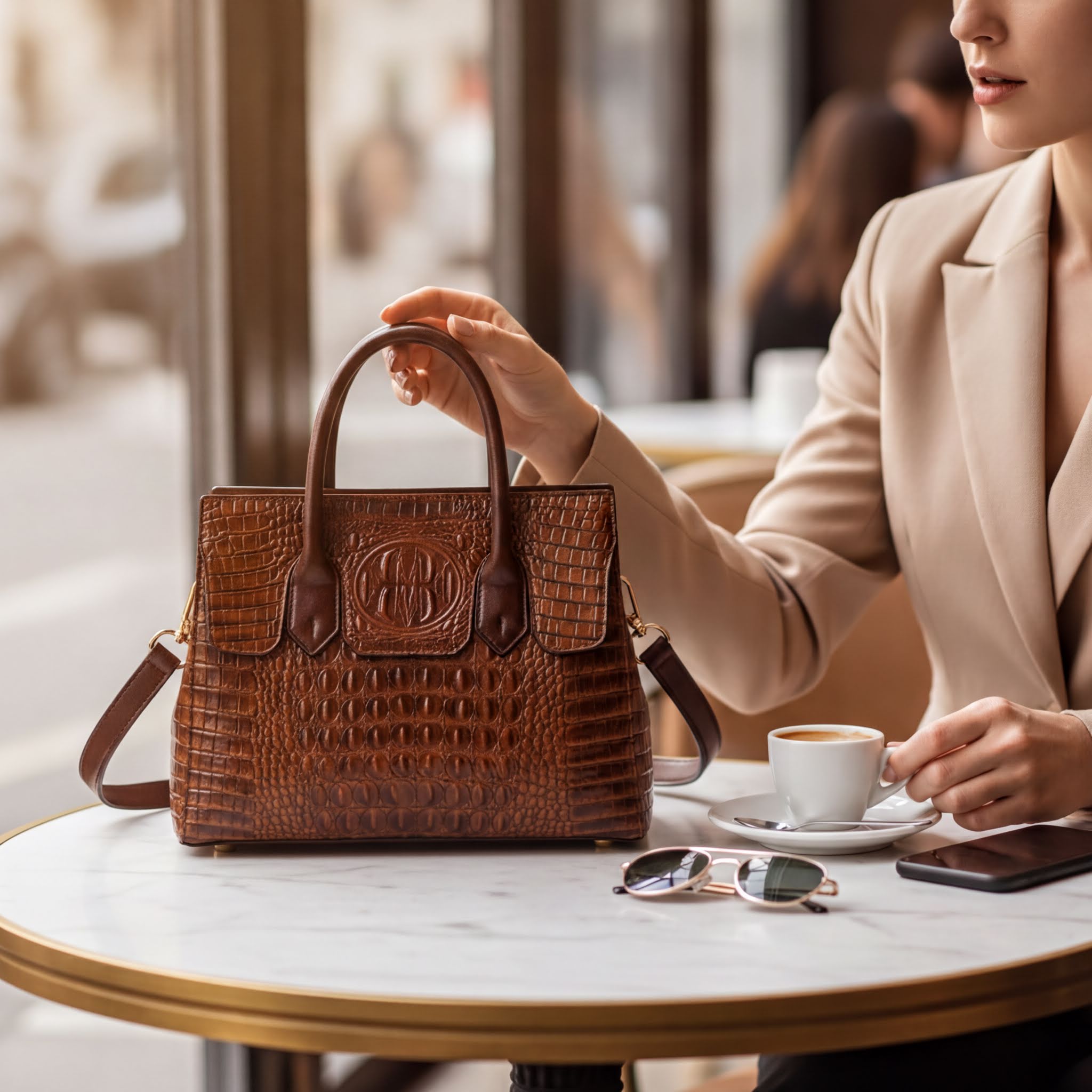 A woman is sitting at a table in a cafe, holding a brown handbag and looking at it.