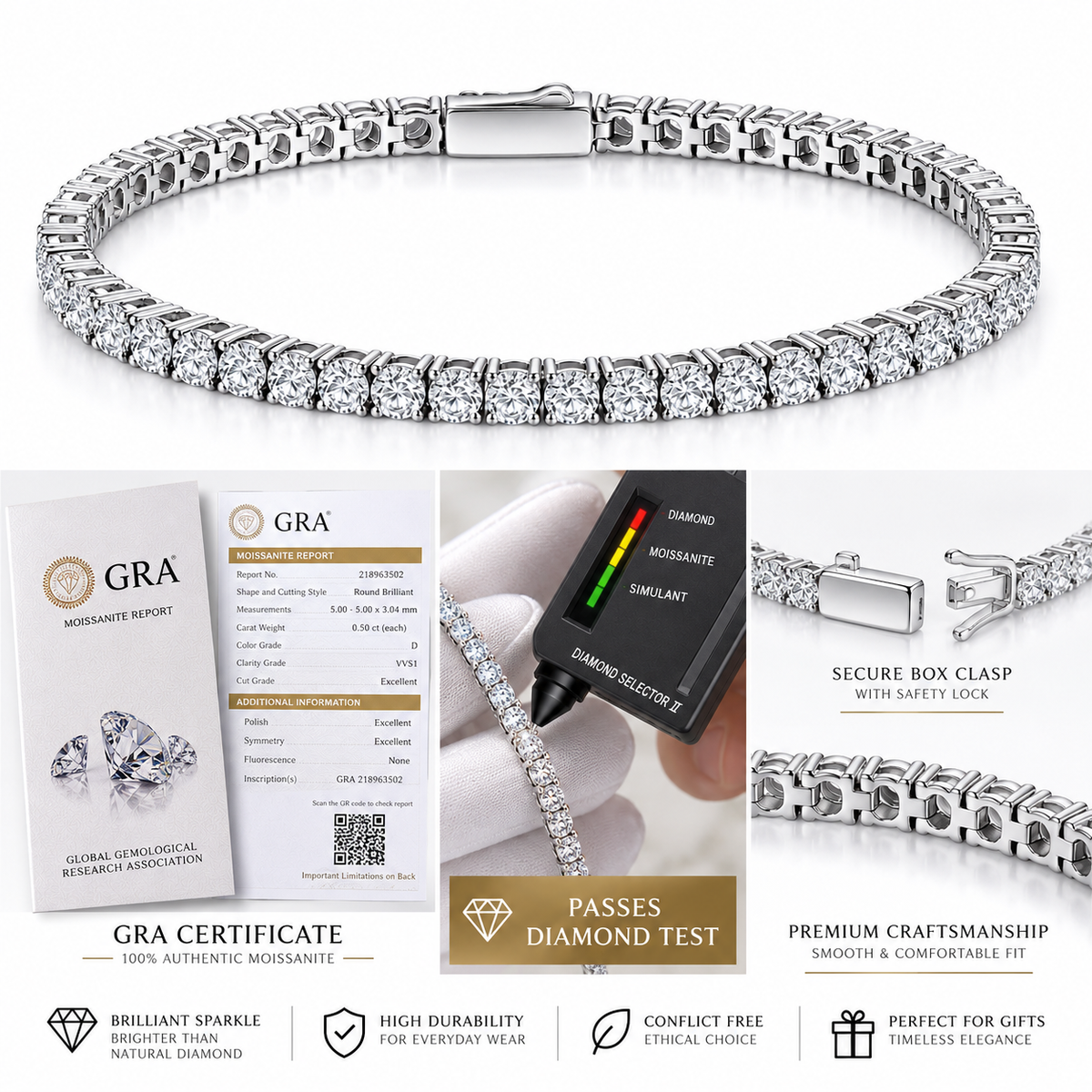 NANDAZ Moissanite Tennis Bracelet – 925 Sterling Silver | 3mm & 5mm