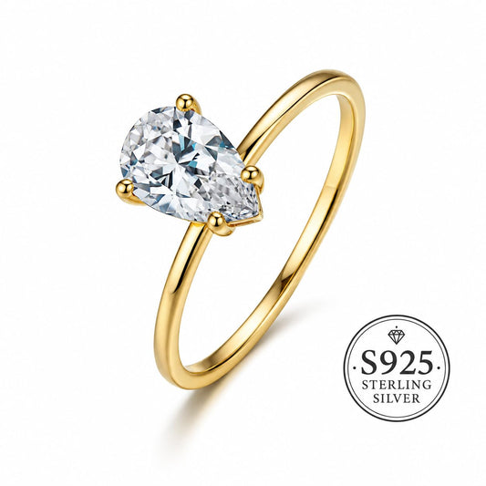 1 CT Pear CZ, Genuine Solid 925 Sterling Silver 18K Gold Plated, Ring
