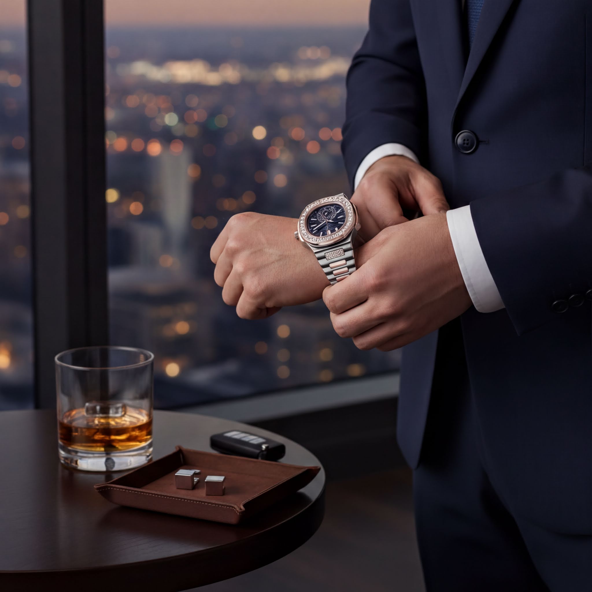 A man in a suit is adjusting his wristwatch while standing near a glass of whiskey and a tray with a pair of silverware.