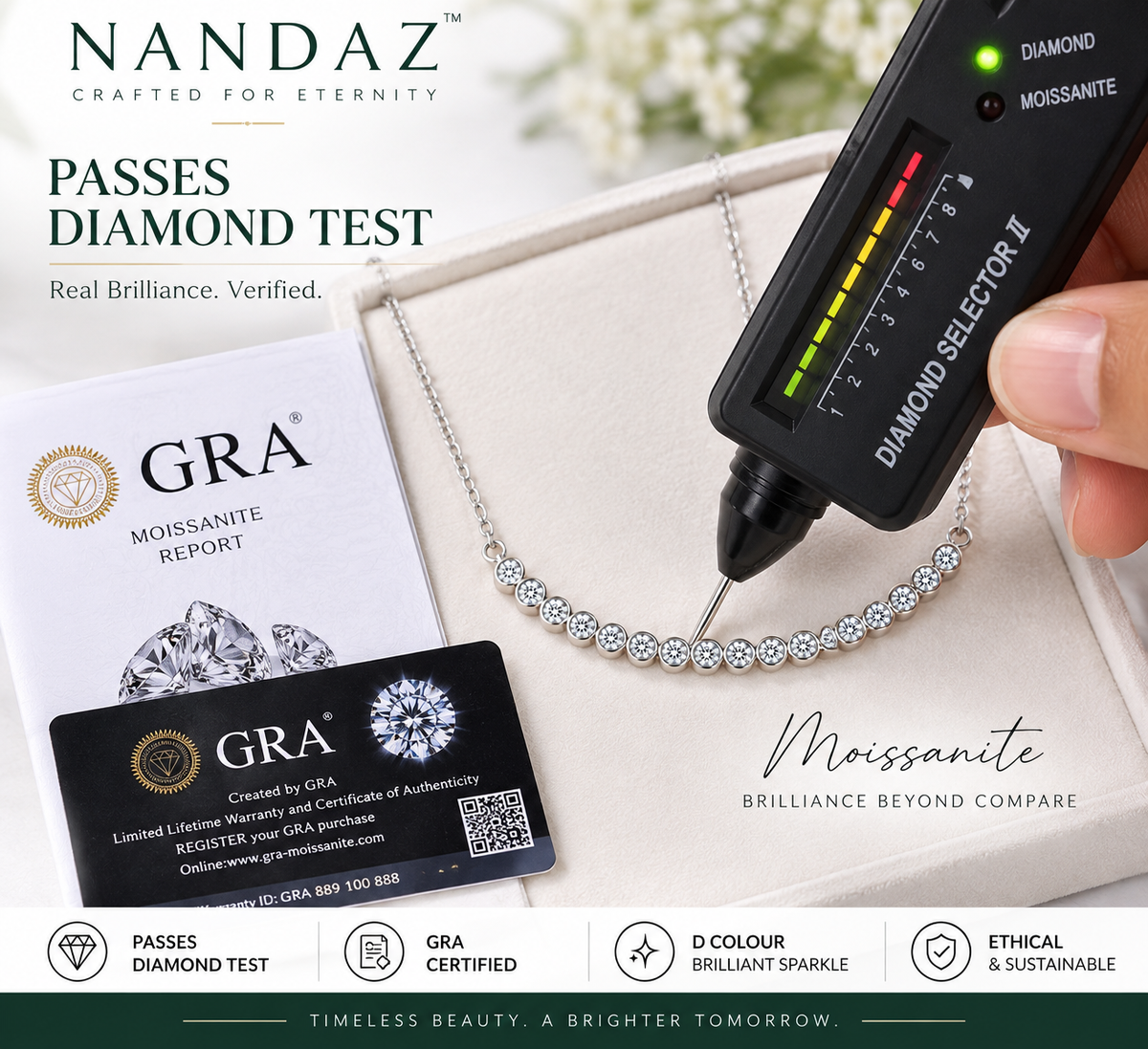 NANDAZ GRA Certified Moissanite Curved Necklace 925 Sterling Silver 0.23 CTW D Colour 16"+2"
