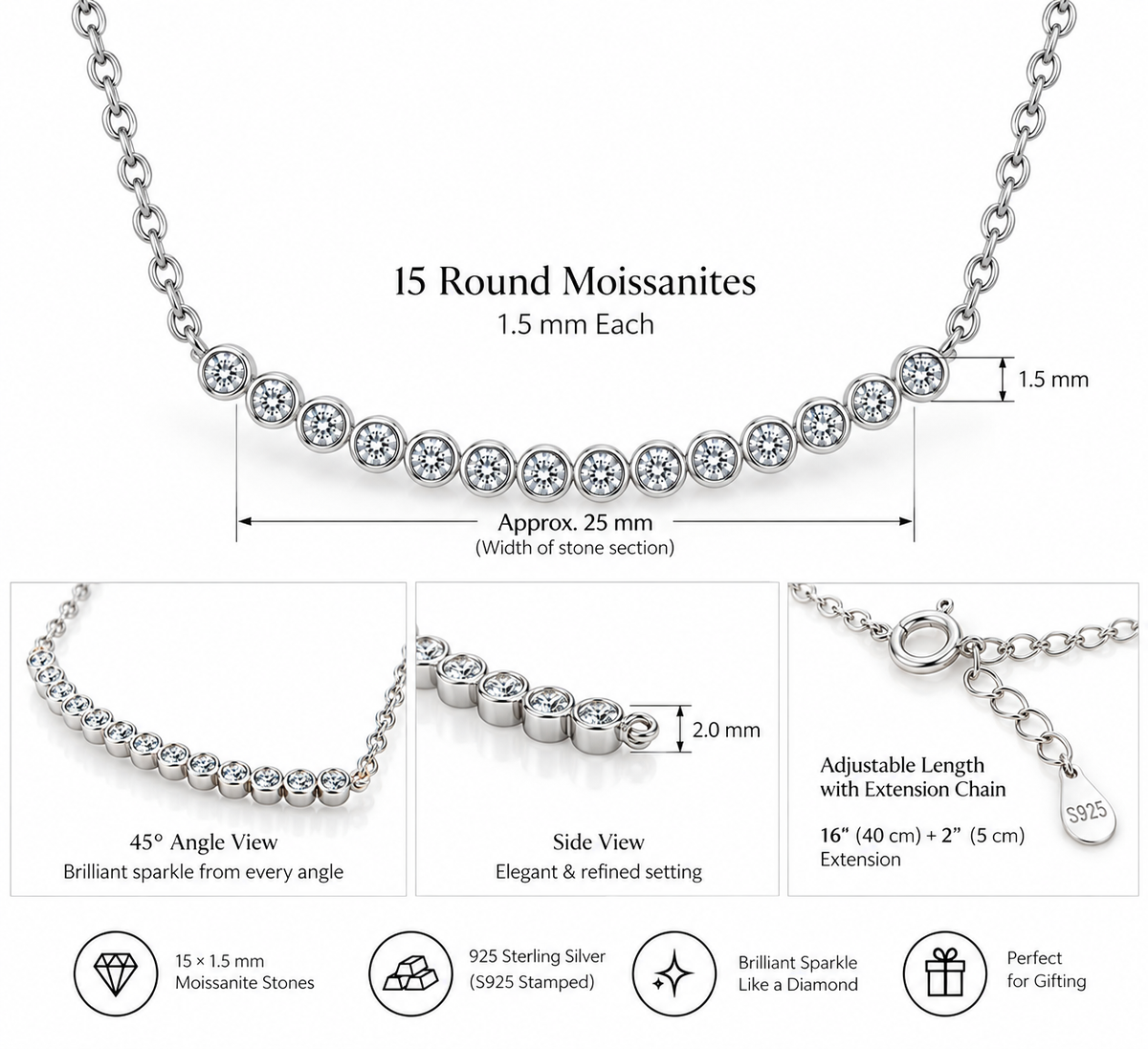 NANDAZ GRA Certified Moissanite Curved Necklace 925 Sterling Silver 0.23 CTW D Colour 16"+2"