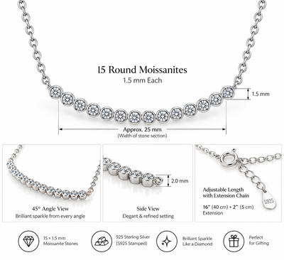 NANDAZ GRA Certified Moissanite Curved Necklace 925 Sterling Silver 0.23 CTW D Colour 16"+2"