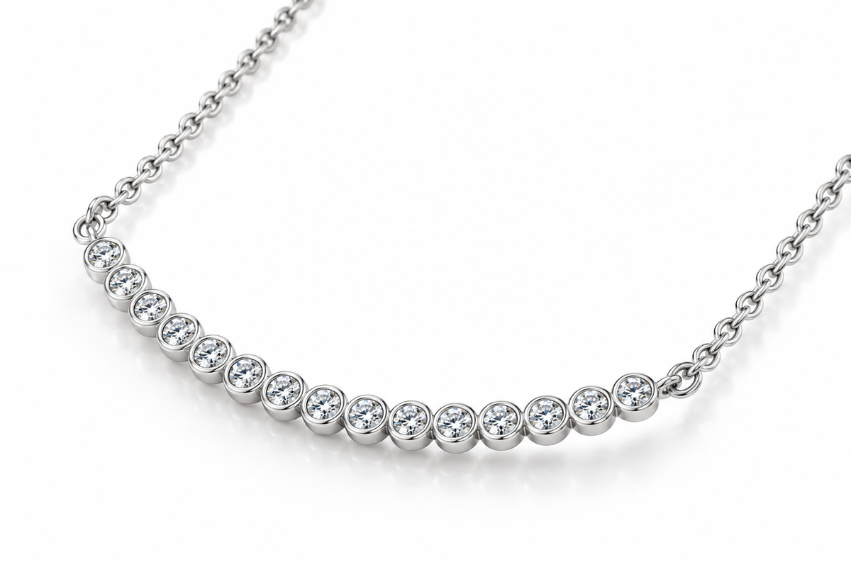 NANDAZ GRA Certified Moissanite Curved Necklace 925 Sterling Silver 0.23 CTW D Colour 16"+2"
